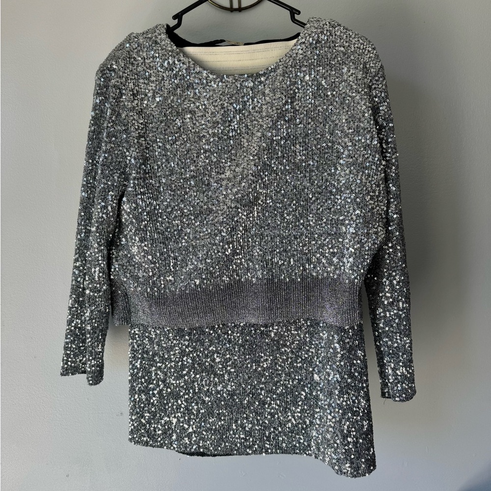 ZARA Sparkling Silver Two Piece Sequin Large Sweater Medium Skirt Set